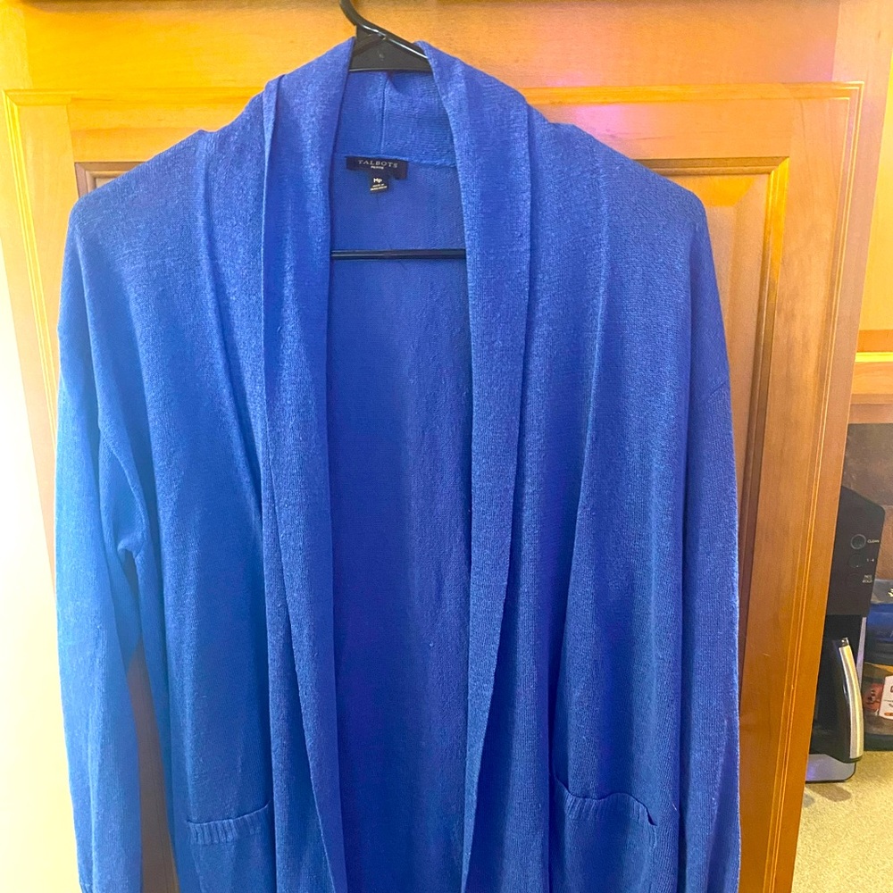 Talbots blue long cardigan sweater. Medium petite in color blue.